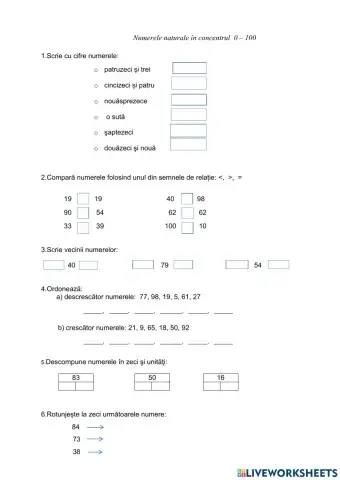 Numerele naturale în concentrul 0-100