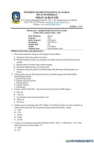 Pas ganjil kimia kls xii 2022