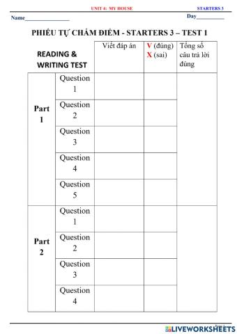 Starters 3 - u4 - test 1 - reading & writing test