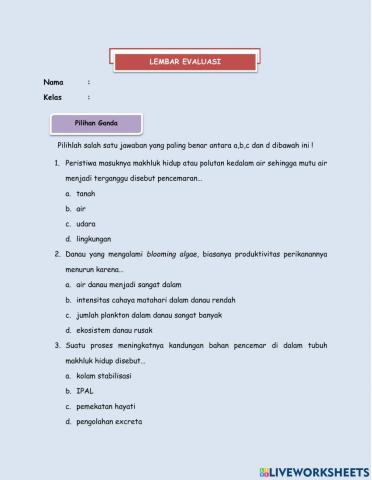 Soal evaluasi pencemaran lingkungan oleh intan aulira