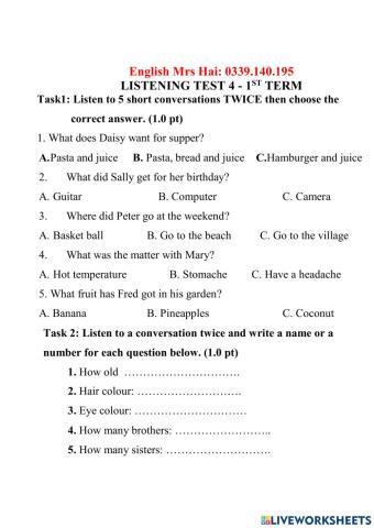 Tiếng Anh 6- Listening Test 4- cuối kì 1