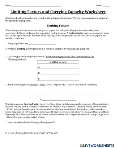 Limiting Factors - Carrying Capacity Worksheet