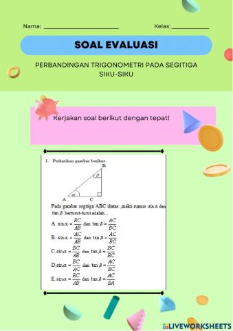 Soal Evaluasi Perbandingan Trigonometri Pada Segitiga Siku-siku
