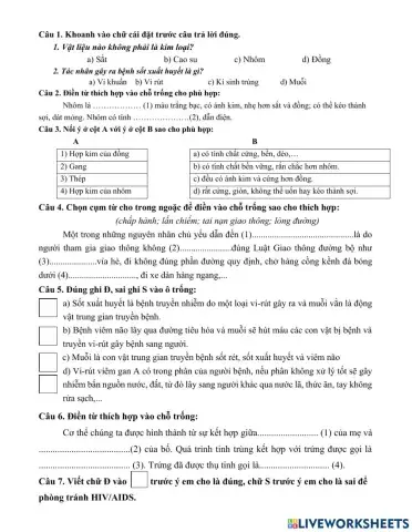 Đề ôn khoa kì 1 lớp 5