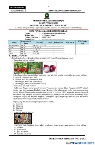 Soal PAS Tema 1 Kelas 6