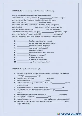 Too much, too many, too, enough