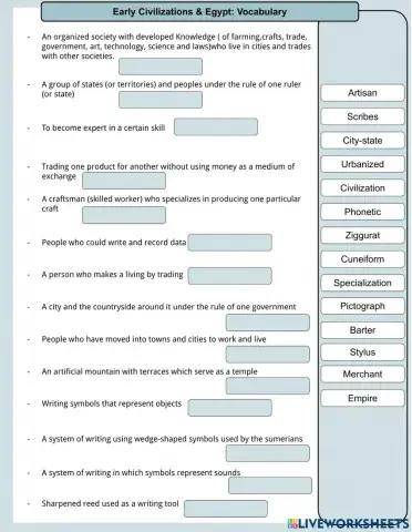 Early Civalizations and Egypt: Vocabulary