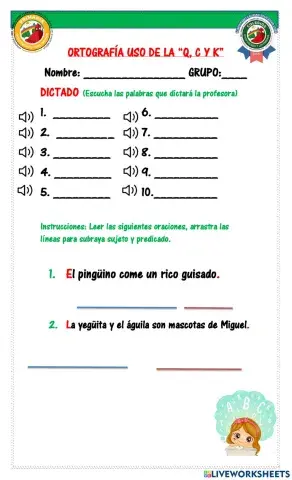 Sujeto y predicado (uso de la c, q y k)