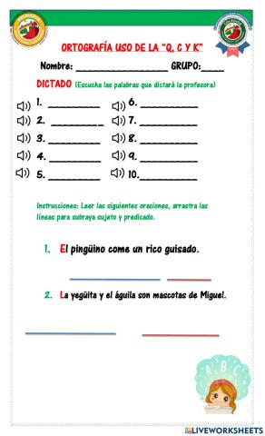 Sujeto y predicado (uso de la c, q y k)