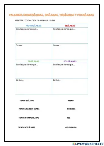 Clasificar palabras según número de sílabas