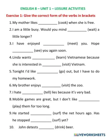 English 8 unit 1 leisure activities