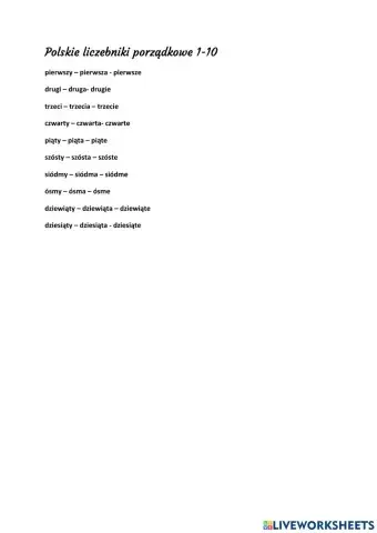 Polskie liczebniki porządkowe 1-10