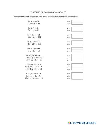Sistema de ecuaciones lineales 2x2 y 3x3