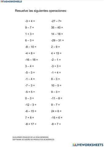 Operaciones de numeros positivos y negativos