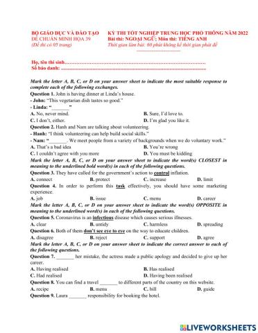ĐỀ TN số 39-2022