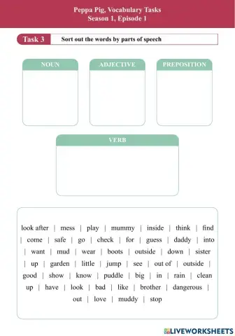 Peppa Pig, Episode 1, Sort Words by Parts of Speech