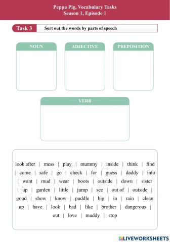 Peppa Pig, Episode 1, Sort Words by Parts of Speech