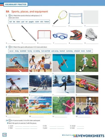Sports, places and equipment