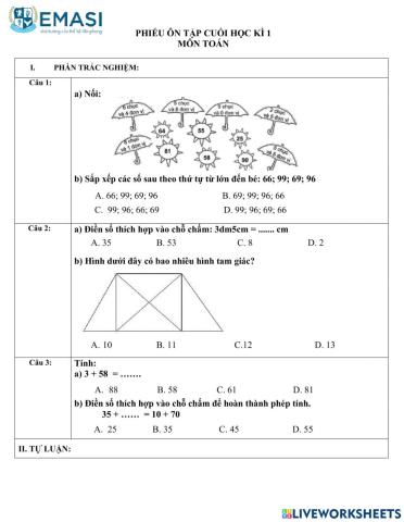 Ôn tập toán cuối hk1 - lớp 2