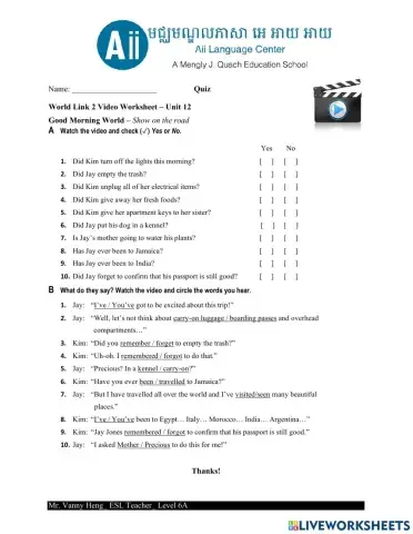 WL2 3rd Edition Video Worksheet-Unit12
