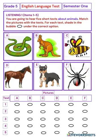 Grade 5 Semester 1 English Language Test