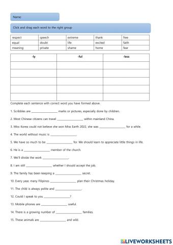 Suffixes -ly -ful -less