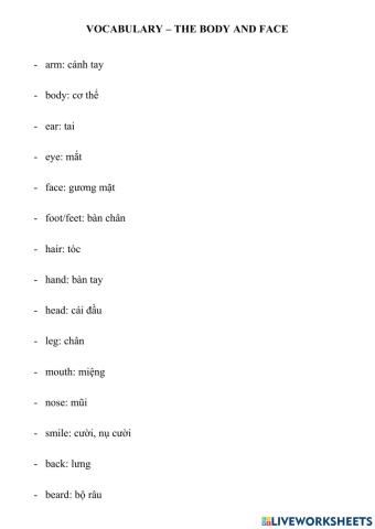 Vocabulary - the body and face
