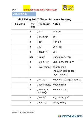 Ta7- unit 5 food and drink- voca