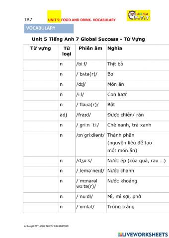 Ta7- unit 5 food and drink- voca