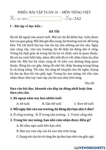 Phiếu Bài Tập Tiếng Việt - Tuần 16