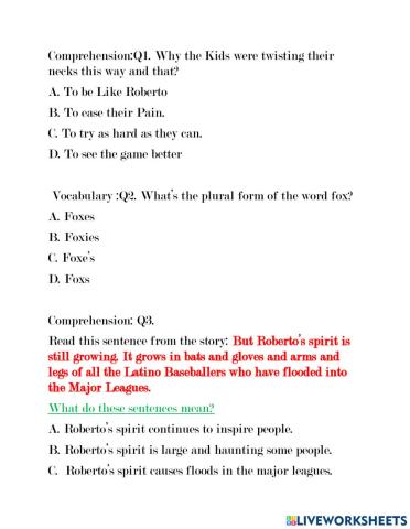 Roberto Clemente Quiz (Journeys Lesson 5 grade 3) Comprehension,Vocabulary, and Grammar