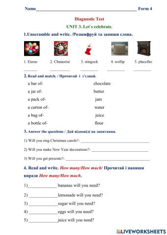 Діагностична робота, 4 клас Unit 3 -Lets celebrate-