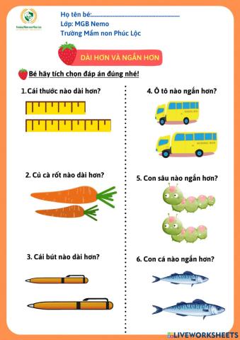 Bài tập Nhận biết sự khác nhau về độ dài hai đối tượng