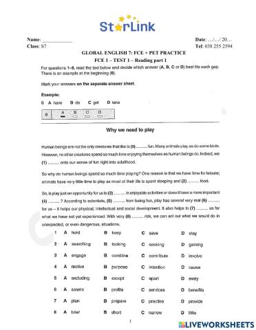 Foreign teacher-S7-WEEK 19-FCE + PET PRACTICE