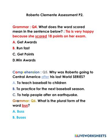 Roberto Clemente Grammar Comprehension and Vocabulary P2