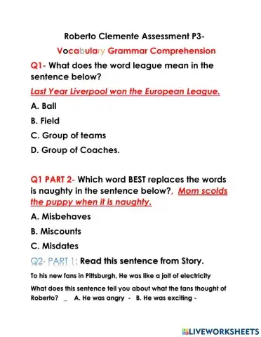 Roberto Clemente Vocabs, Grammar, and Compre.    P3 Assessement