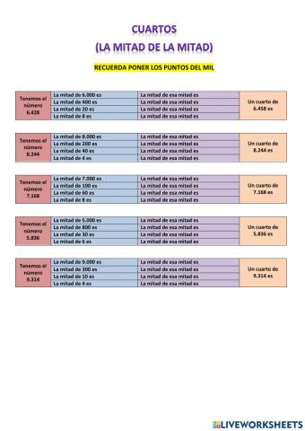 Cálculo mental de un cuarto de un número