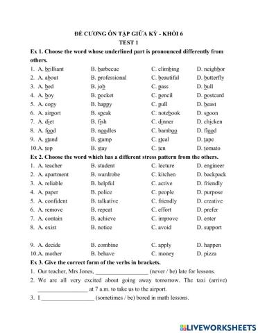 Đề cương khối 6 - test 1