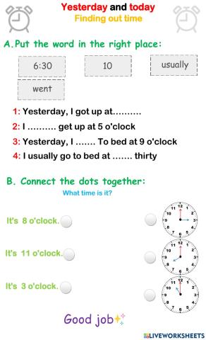 (Finding out time-Yesterday and today)ورقة عمل انجليزي لدرس