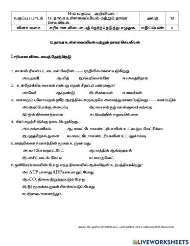 12. தாவர உள்ளமைப்பியல் மற்றும் தாவர செயலியல்