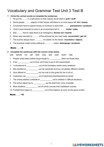 Insight upper intermediate vocabulary and articles test p.