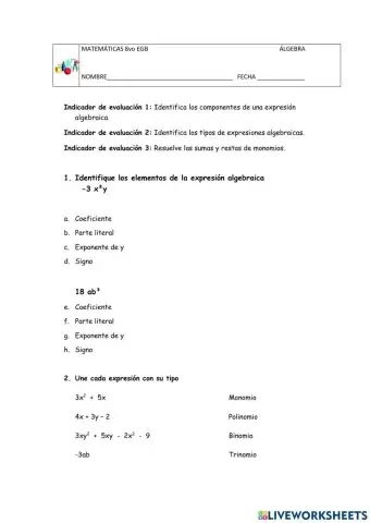 Evaluación: Suma y Resta de Monomios