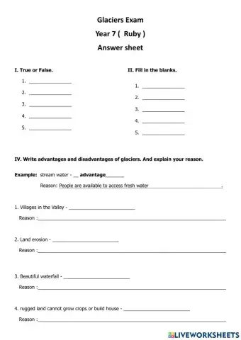 Glaciers Answer sheet