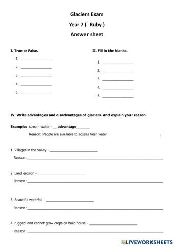 Glaciers Answer sheet