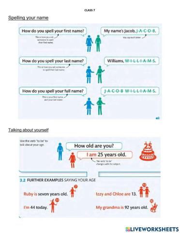 Spelling your name, talking about yourself, saying your age, saying where you're from, possessive adjectives, this and that