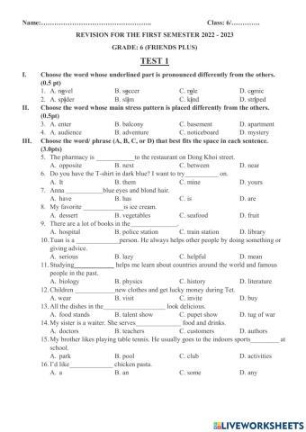 Revision for the first semester - Test 1 - grade 6