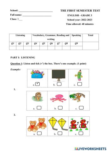 Bài kiểm tra học kỳ 1 - lớp 3 - test 1