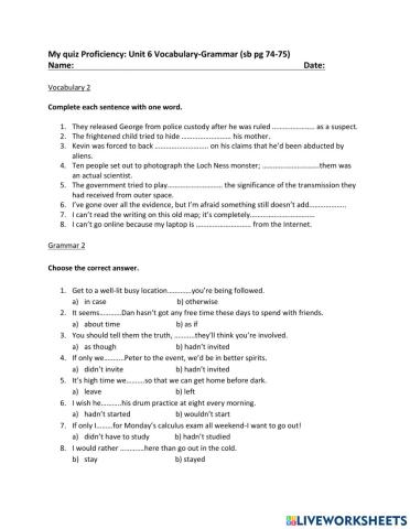 My quiz Proficiency: Unit 6 Vocabulary-Grammar