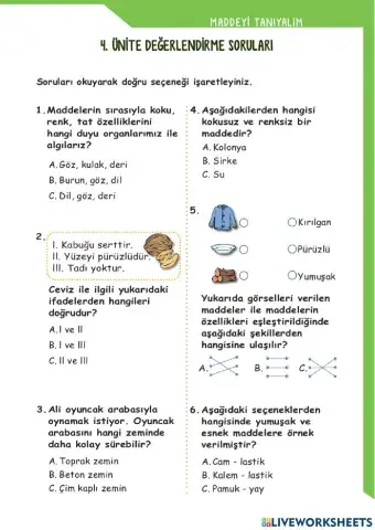Fen Bilimleri 4. Ünite-Maddeyi Tanıyalım Ünite Testi