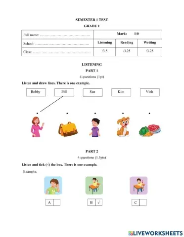 Smart start grade 1 term 1 test 1